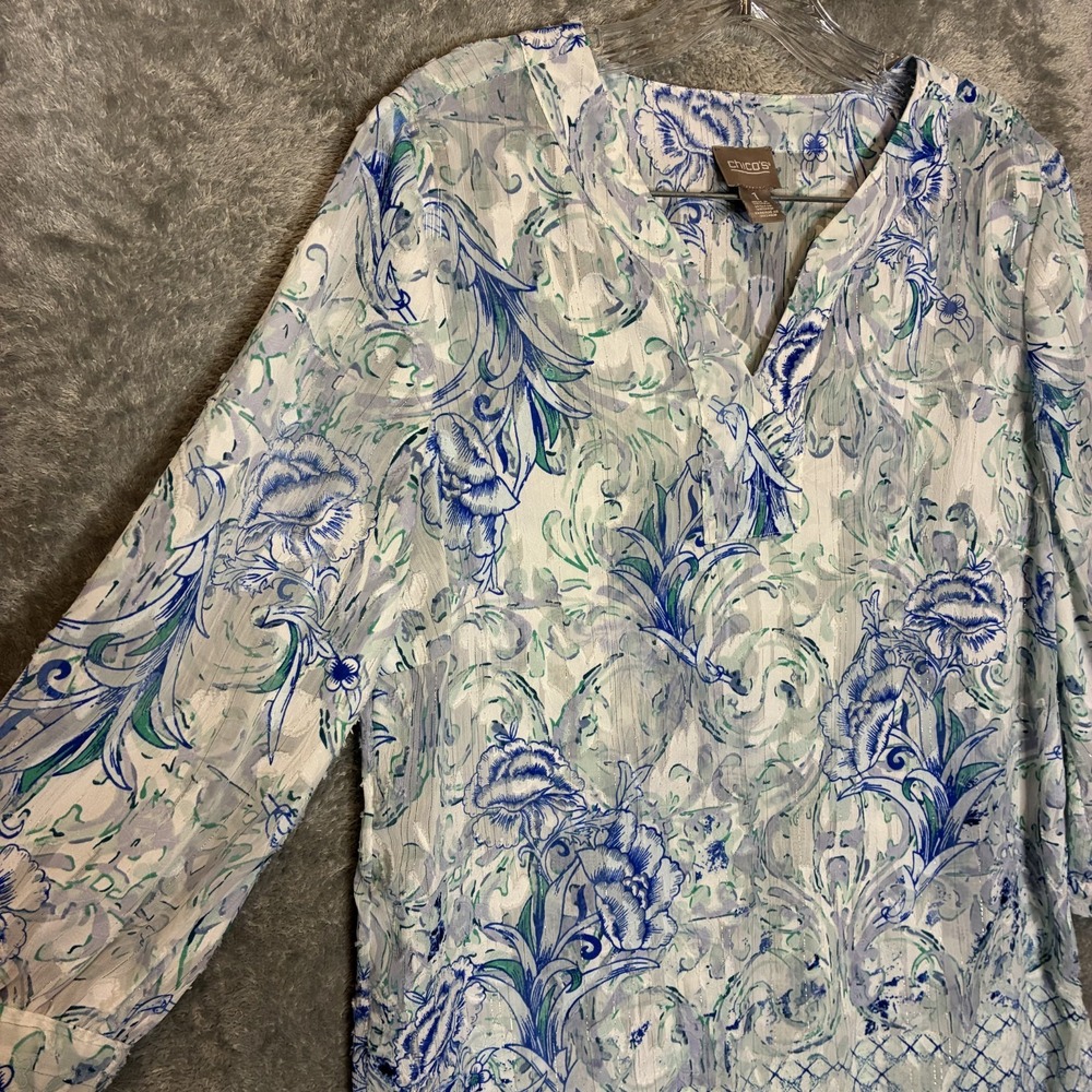 Chicos Womens Sheer Patterned Tunic Top 1-M Chiffon Watercolor Beach Coverup